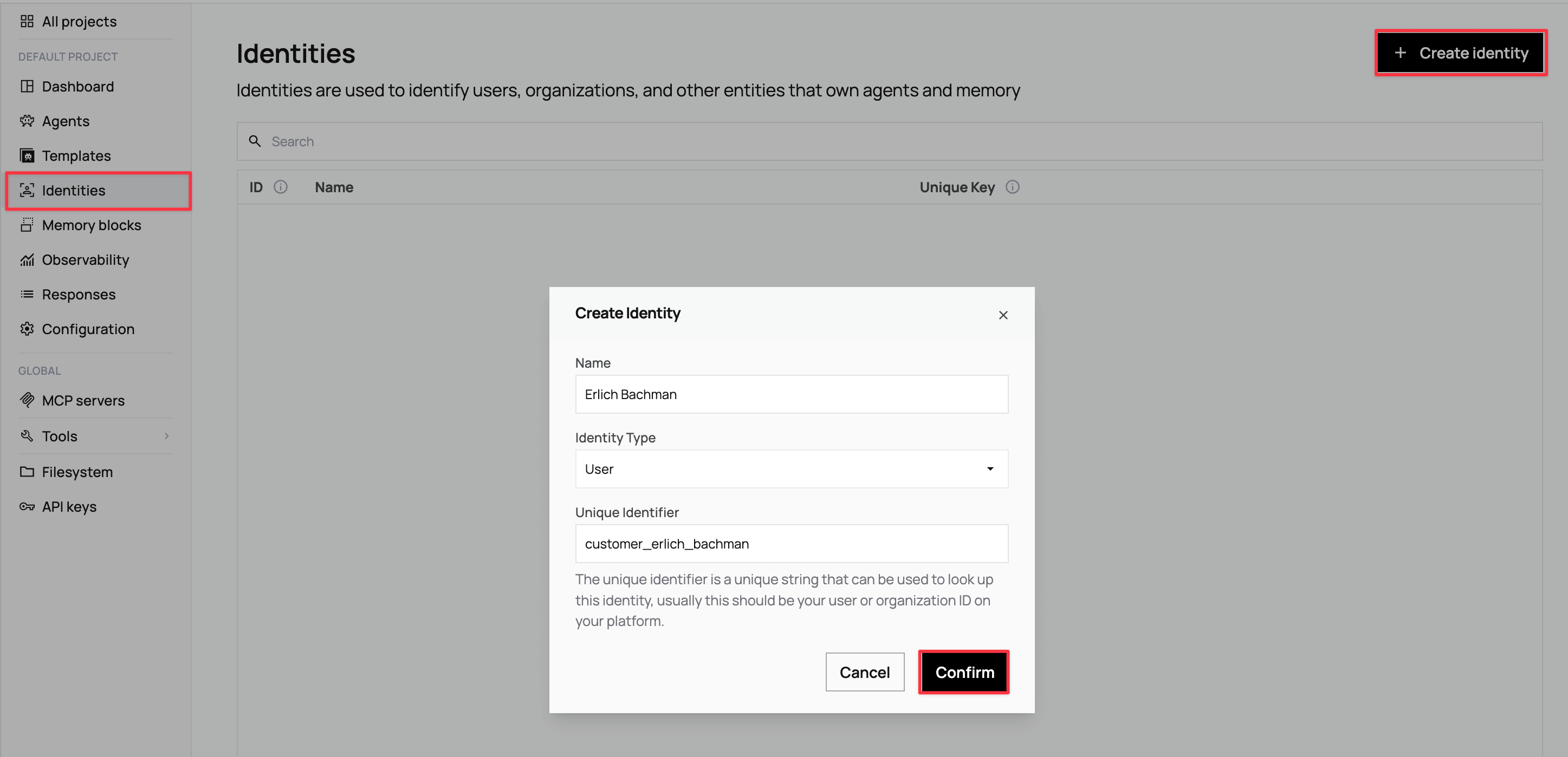 Creating customer identity with name, type, and unique identifier