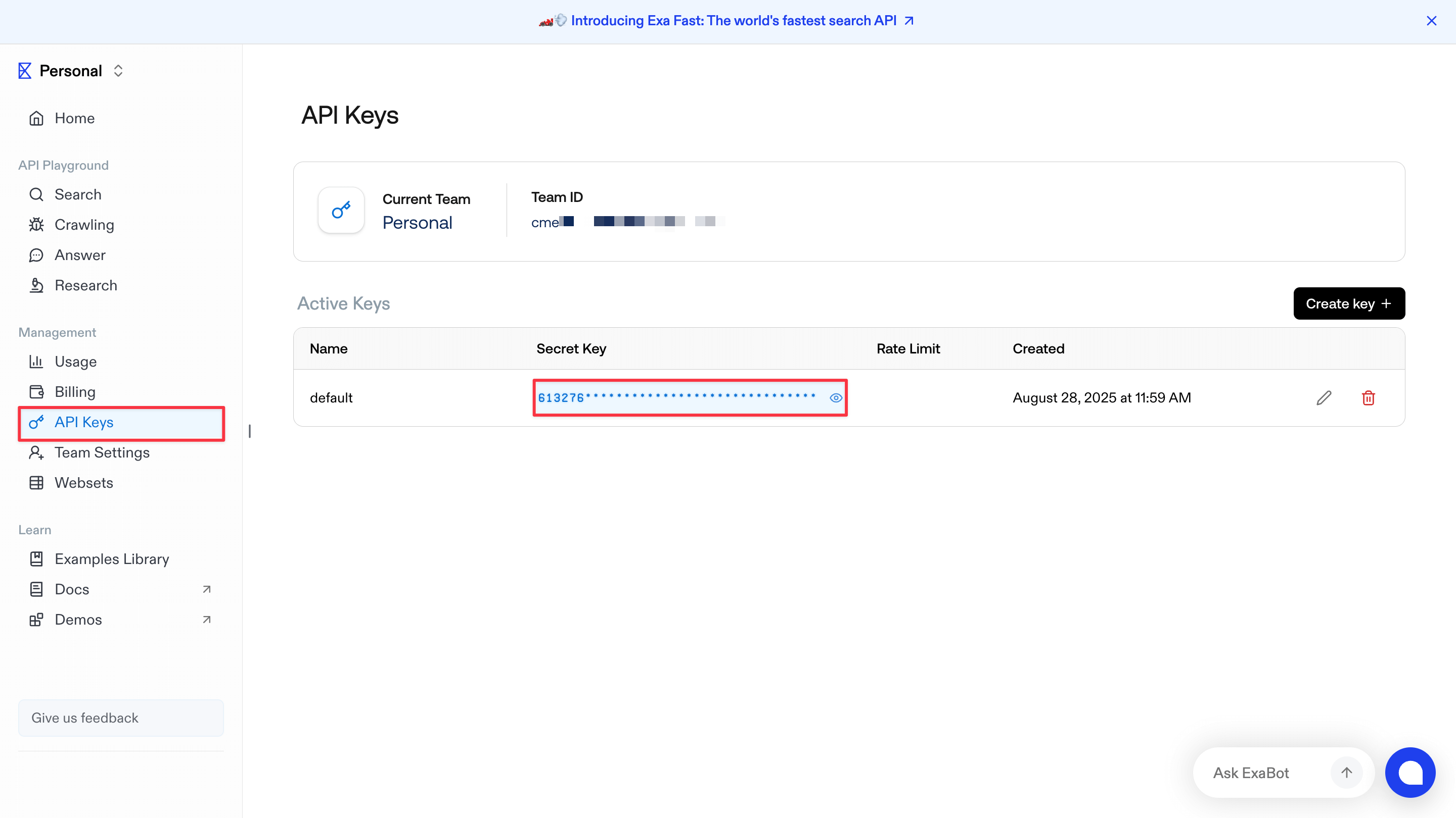Exa API key configuration in dashboard
