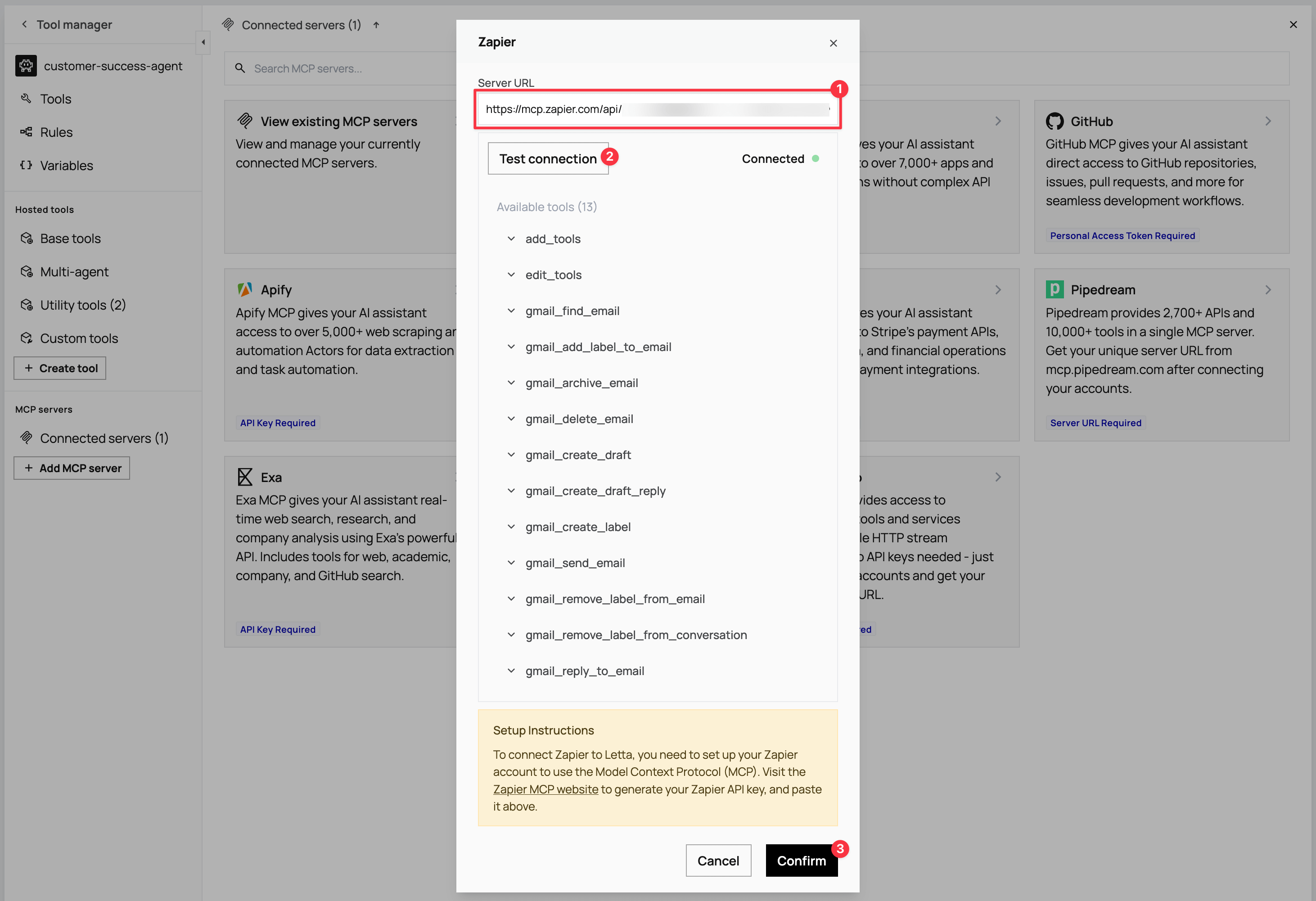 Gmail tools successfully connected in Letta