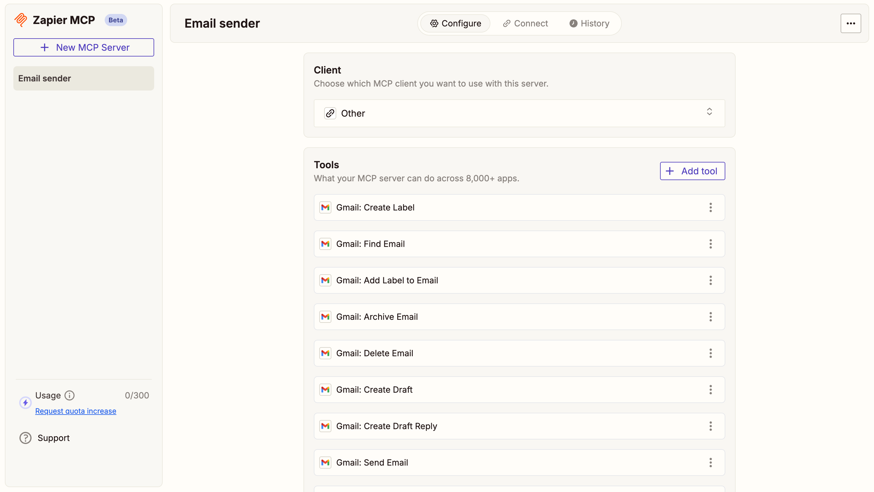 Adding Gmail tools in Zapier MCP server