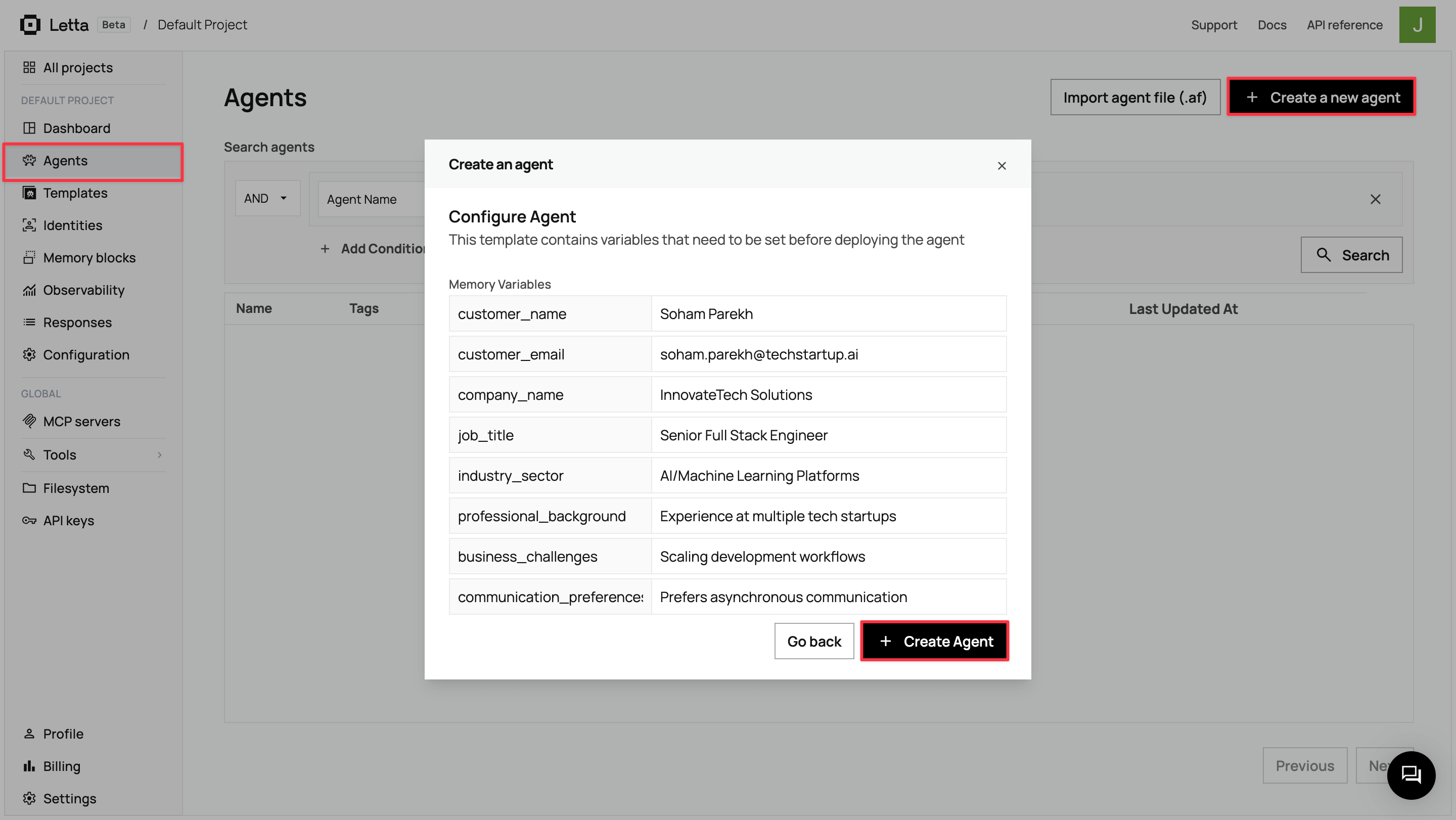 Modal showing template variables to fill in when creating agent from template